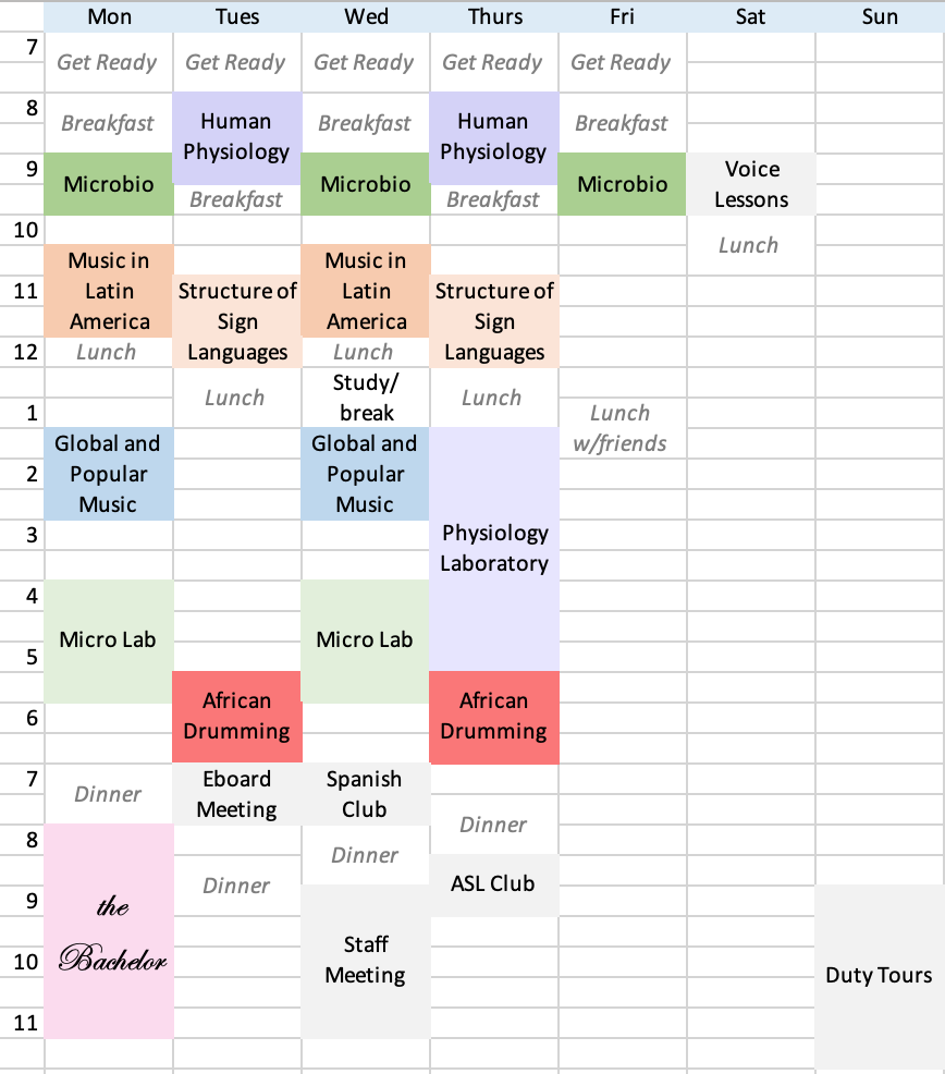 Example time table with a class schedule, meals, and free time included